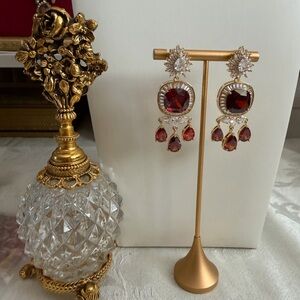 18m gold plated Elegant garnet zirconia Crystal Drop Earrings - Gold Tone